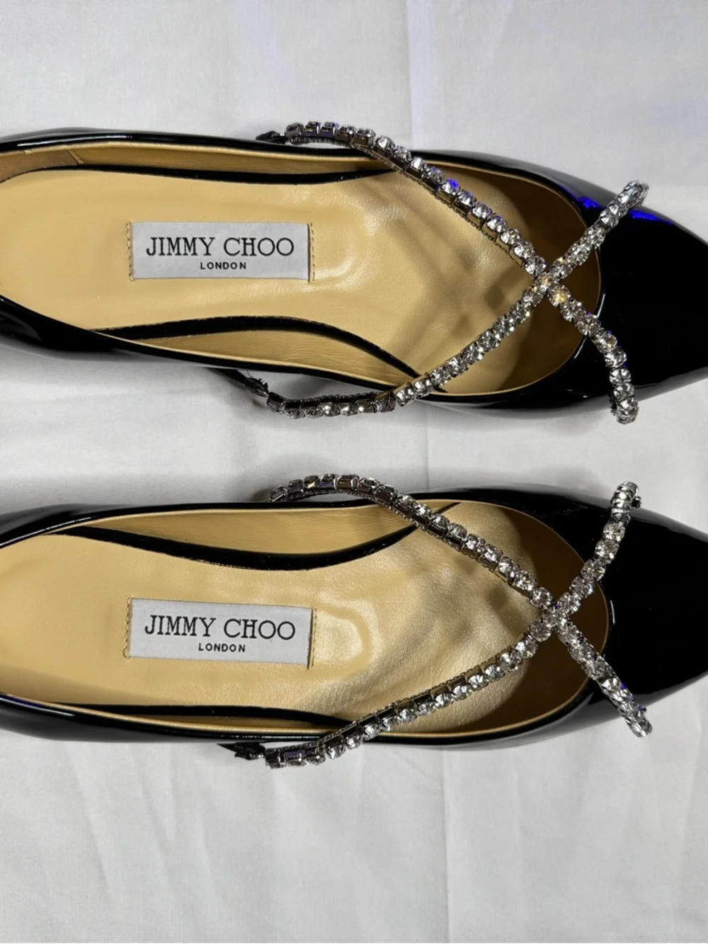 Jimmy Choo Crystal Strap Pointed Toe Flats Black Patent Leather Size 8 New - Picture 9 of 10